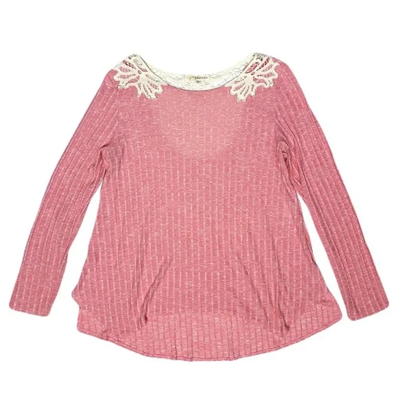 Rewind Heathered Pink Ribbed Crochet Lace Back Long Sleeve Top Size XL Coquette - Picture 2 of 9